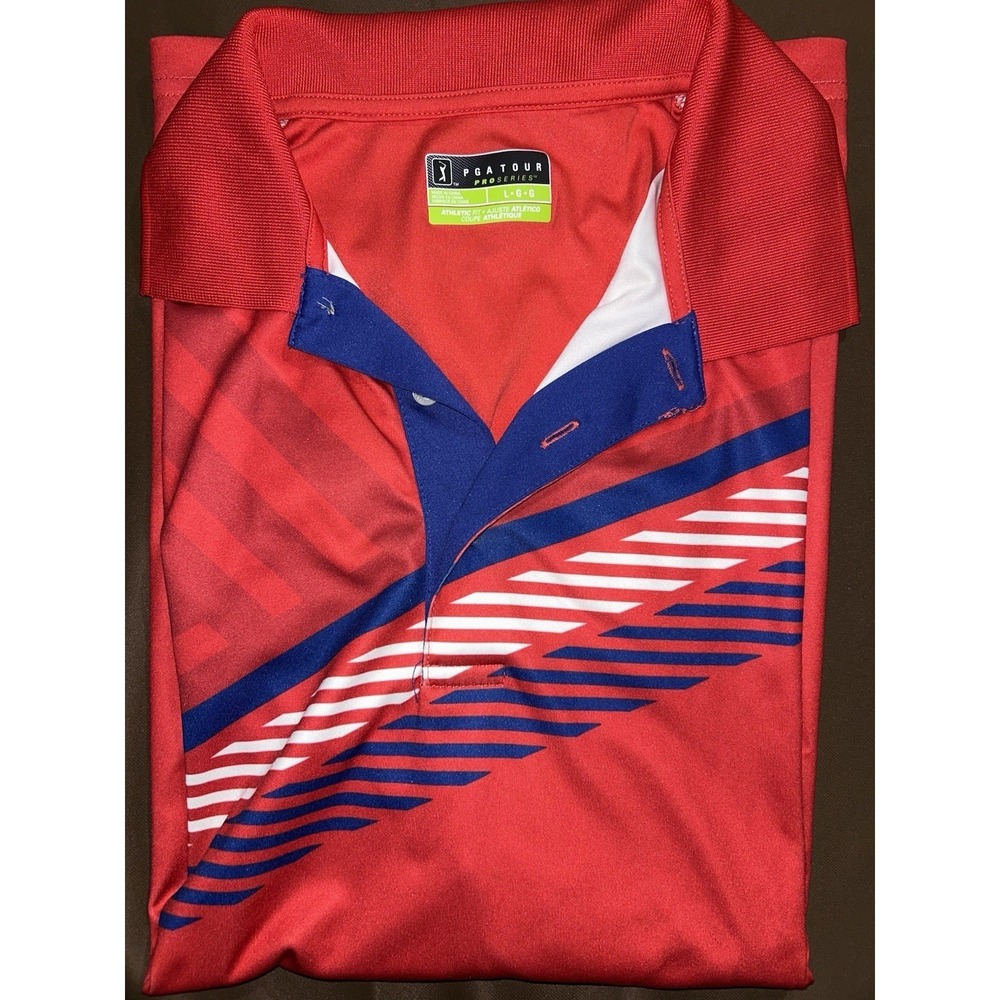 PGA Tour Pro Series Polo Shirt Mens L(FITS M / L)  Red White Blue Geo Striped